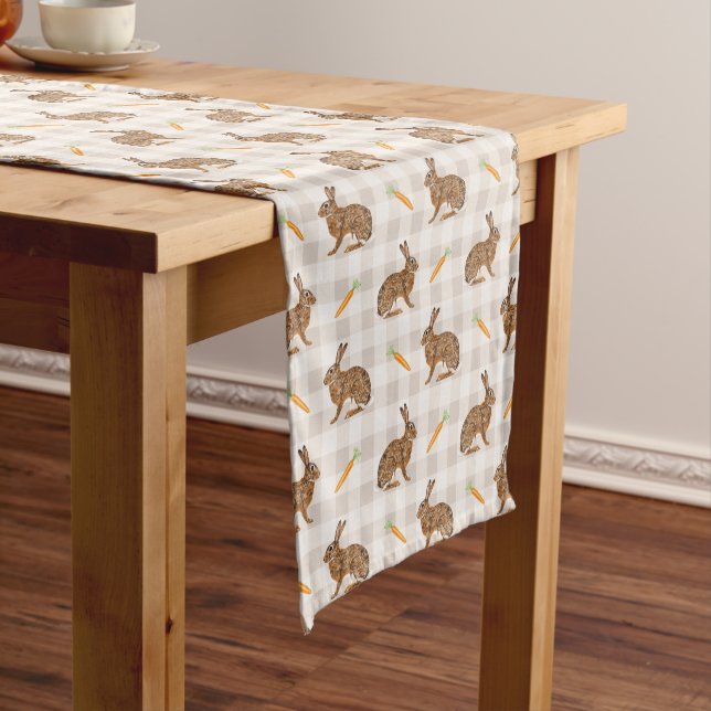 Rustic Hare And Carrot Beige Gingham Spring Easter Short Table Runner (In Situ)