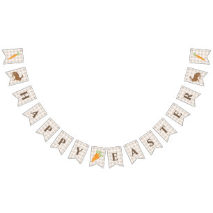Rustic Hare And Carrot Happy Easter Beige Gingham Bunting