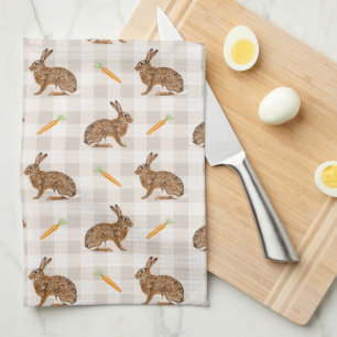 Rustic Hare And Carrot Pattern Beige Farmhouse Tea Towel