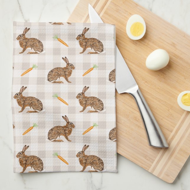 Rustic Hare And Carrot Pattern Beige Farmhouse Tea Towel (Quarter Fold)