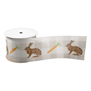 Rustic Hares And Carrots Beige Gingham Spring Satin Ribbon