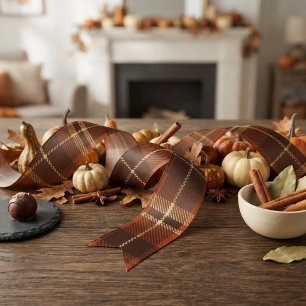 Rustic Harvest Autumn Tartan Plaid Orange & Brown Satin Ribbon