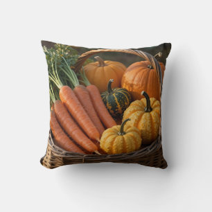 Rustic Harvest Basket Pumpkins Carrots Cushion
