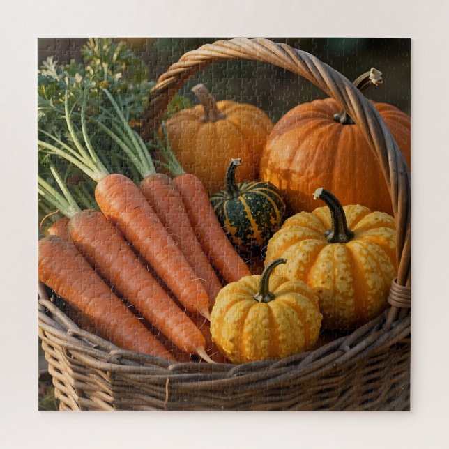 Rustic Harvest Basket Pumpkins Carrots Jigsaw Puzzle (Vertical)
