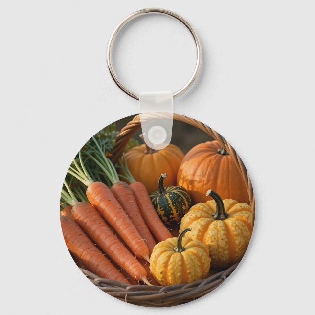 Rustic Harvest Basket Pumpkins Carrots Key Ring (Front)