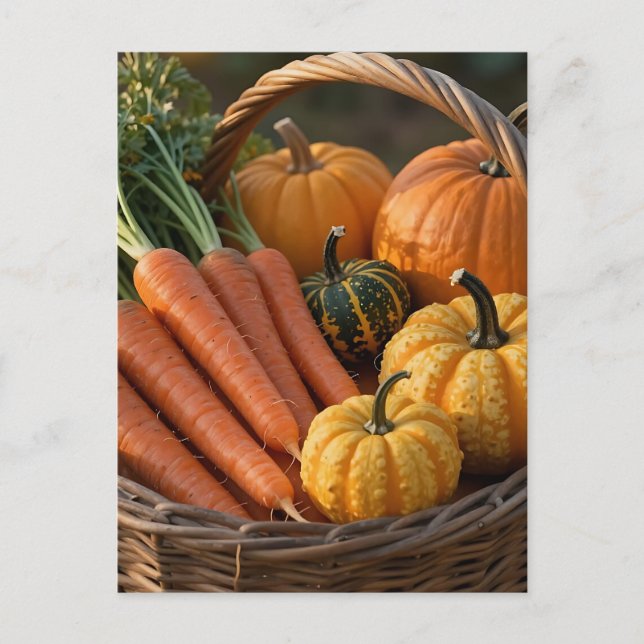 Rustic Harvest Basket Pumpkins Carrots Postcard (Front)