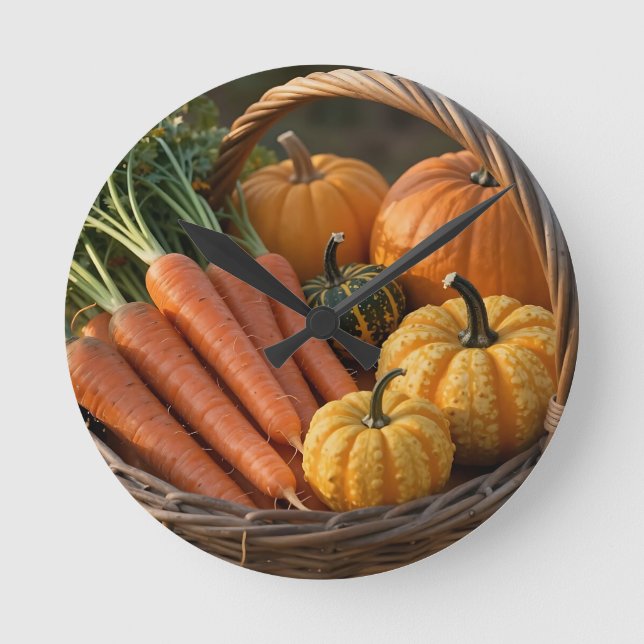 Rustic Harvest Basket Pumpkins Carrots Round Clock (Front)