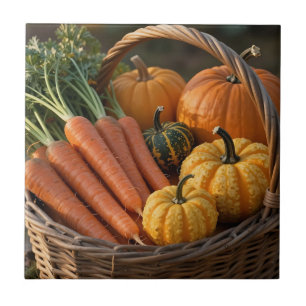 Rustic Harvest Basket Pumpkins Carrots Tile