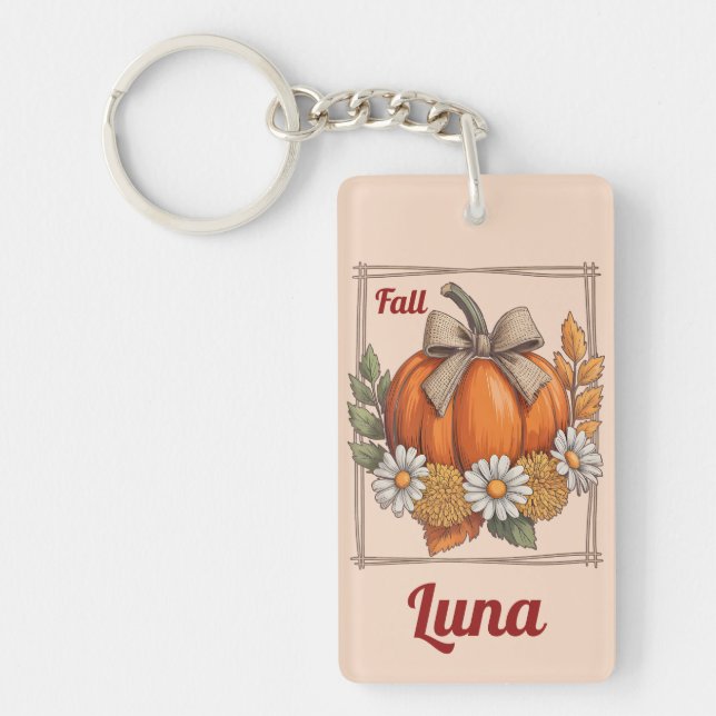 Rustic Harvest Pumpkin Daisies Chrysanthemums Fall Key Ring (Front)
