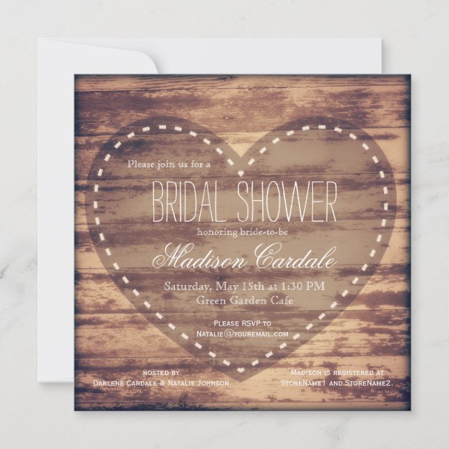 Rustic Heart Barn Wood Bridal Shower Invites (Front)
