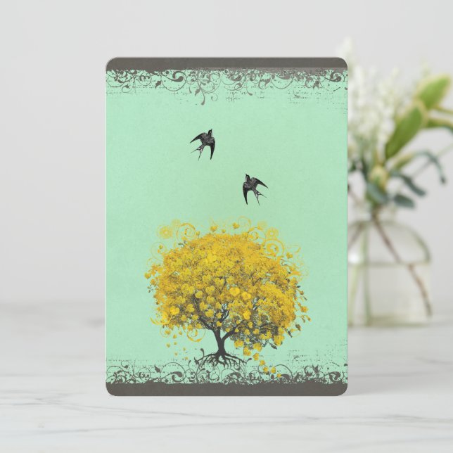 Rustic Heart Leaf Love Birds Wedding  Invitation (Standing Front)