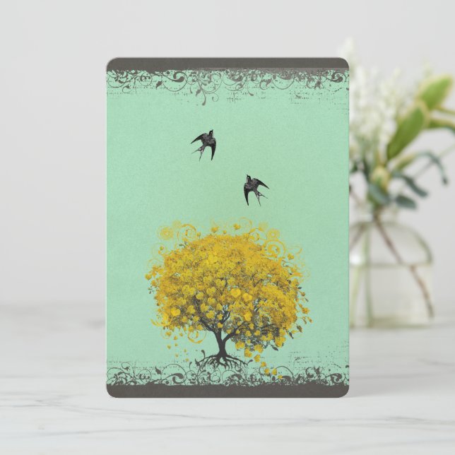 Rustic Heart Leaf Love Birds Wedding  Invitation (Standing Front)