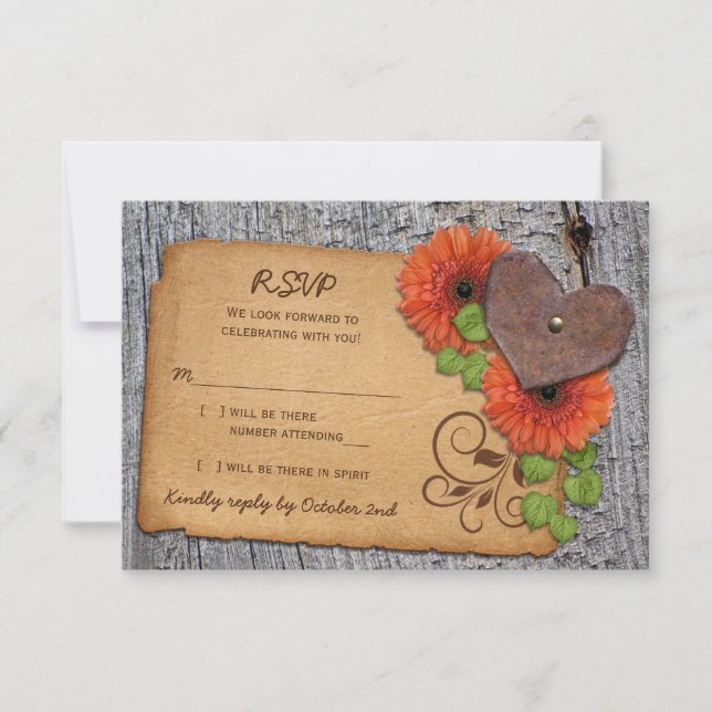 Rustic Heart Orange Daisy Country Wedding RSVP (Front)