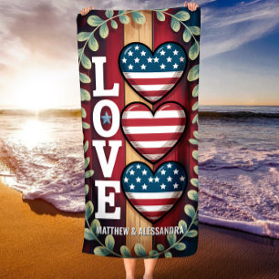 Rustic Hearts Americana 4th of July Patriotic Love Beach Towel