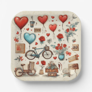 Rustic Hearts Sketch Red And Cream  Paper Plate