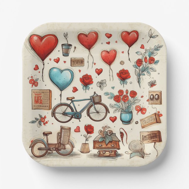 Rustic Hearts Sketch Red And Cream  Paper Plate (Front)