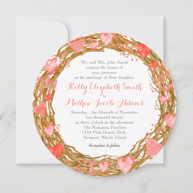 Rustic Hearts Wreath Wedding Invitation (Front)