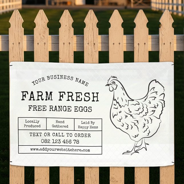 Rustic Hen Farm Fresh Eggs Marketing Banner (Fresh farm eggs marketing outdoor banner in black and white with rustic fonts & chicken illustration)