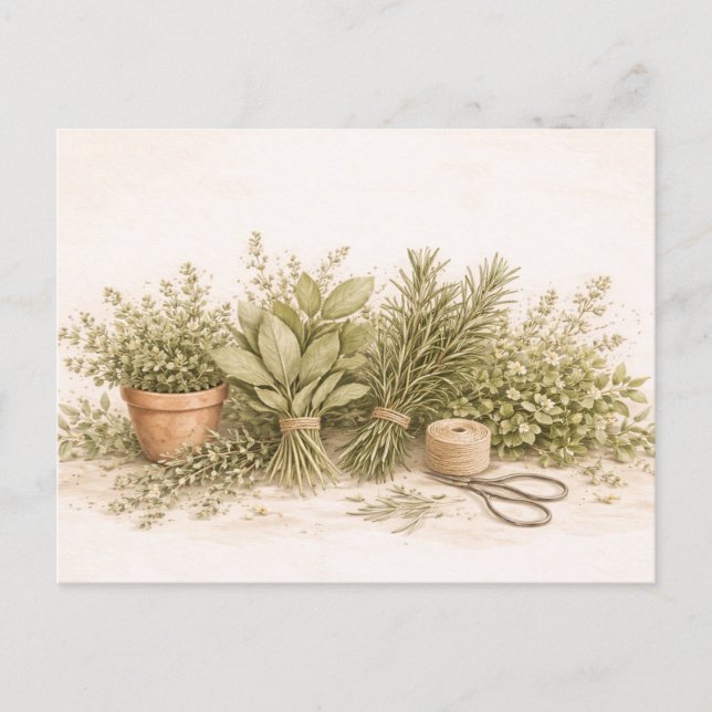 Rustic Herb Bundle Botanical Watercolor Still Life Postcard (Front)