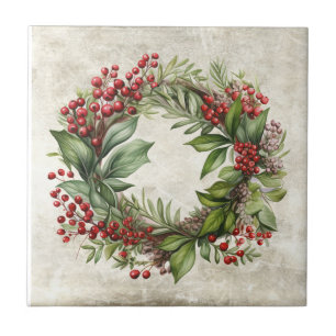 Rustic Herbal Berries Wreath Cottage Ceramic Tile