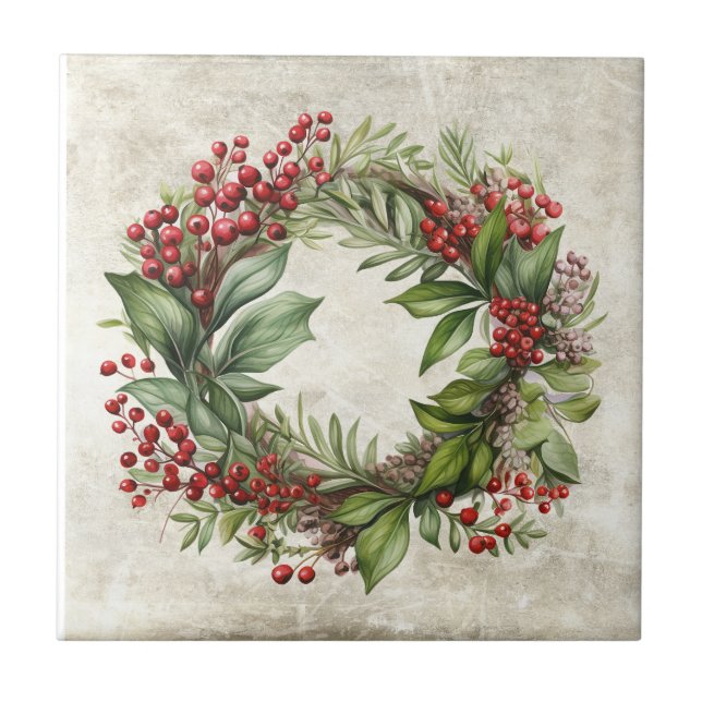 Rustic Herbal Berries Wreath Cottage Ceramic Tile (Front)