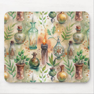 Rustic Herbalist Bottles Green Brown Mouse Pad