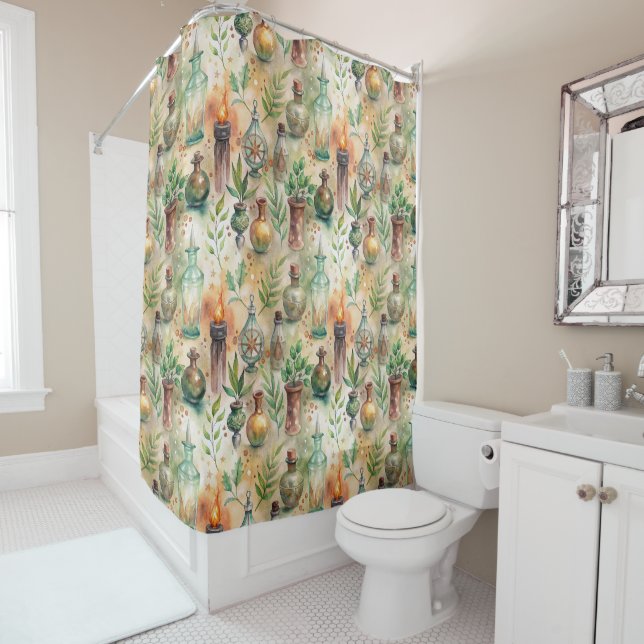 Rustic Herbalist Bottles Green Brown Shower Curtain (In Situ)