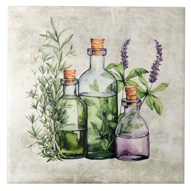 Rustic Herbs & Spices Vintage Bottles Tile (Front)