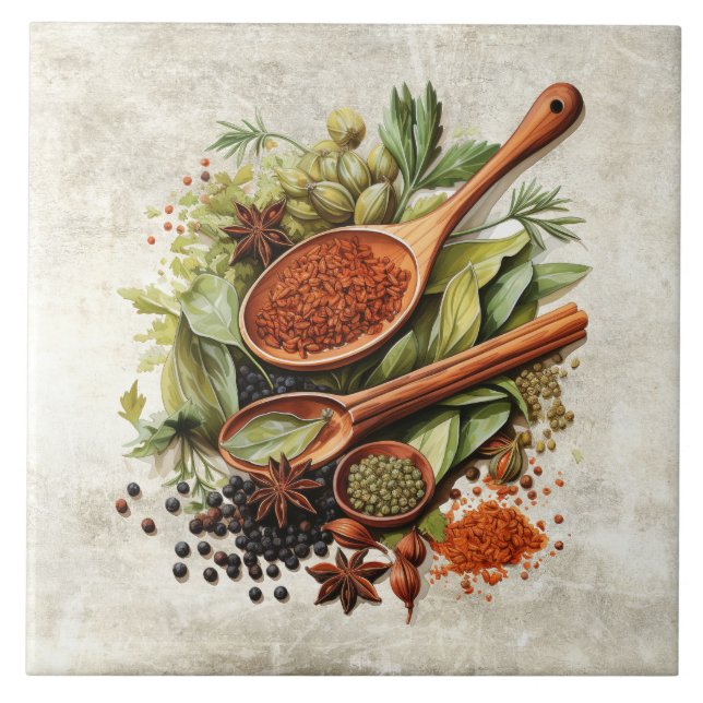 Rustic Herbs & Spices Watercolors Tile (Front)