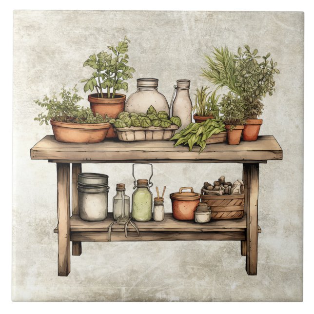 Rustic Herbs & Spices Wooden Stool Watercolors Tile (Front)