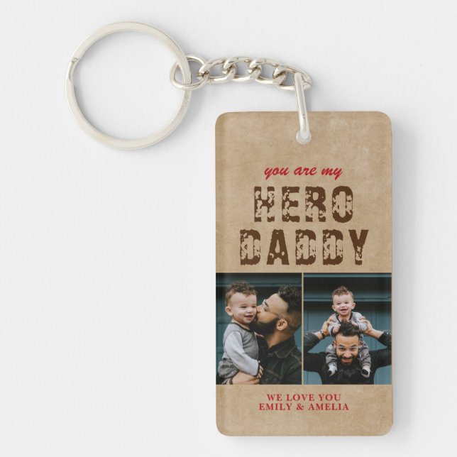 Rustic Hero Daddy Father`s Day 2 Photo Collage Key Ring (Front)