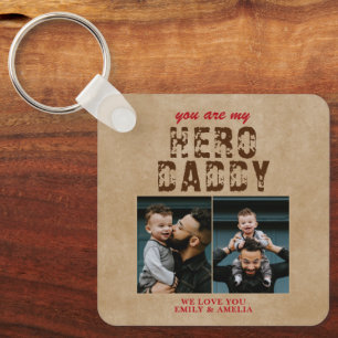 Rustic Hero Daddy Father`s Day 2 Photo Collage Key Ring