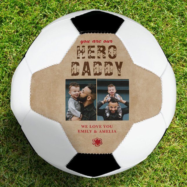 Rustic Hero Daddy Father`s Day 2 Photo Collage Soccer Ball (Creator Uploaded)