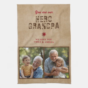 Rustic Hero Grandpa Father`s Day 2 Photo Collage Tea Towel