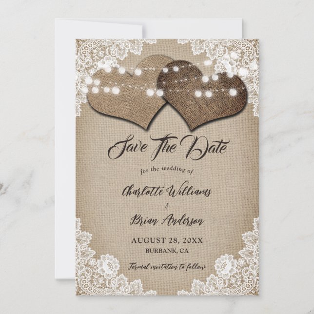 Rustic Hessian Floral Lace Lights Romantic Wedding Save The Date (Front)