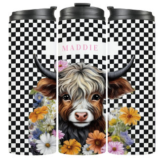 Rustic Highland Cow Floral Checkered Tumbler Mug