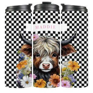 Rustic Highland Cow Floral Chequered Tumbler Mug