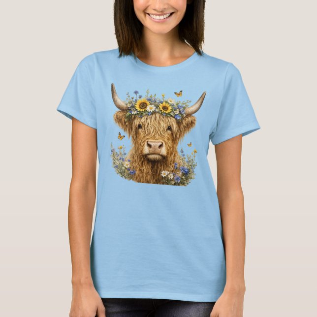 Rustic Highland Cow Floral T-Shirt (Front)