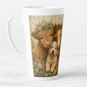 Rustic Highland Cow, Foal & Puppy Floral Latte Mug