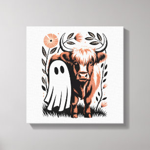 Rustic Highland Cow Ghost Halloween Canvas Print