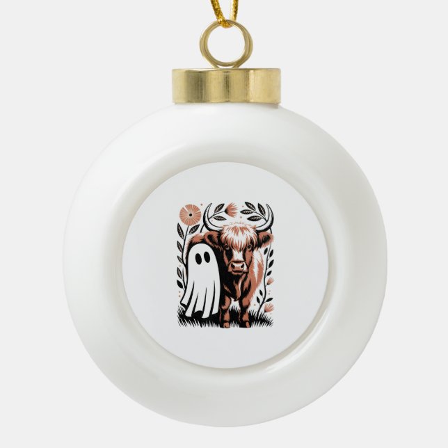 Rustic Highland Cow Ghost Halloween Ceramic Ball Christmas Ornament (Front)
