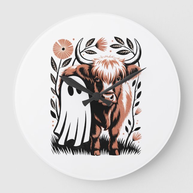 Rustic Highland Cow Ghost Halloween Large Clock (Front)