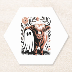 Rustic Highland Cow Ghost Halloween Paper Coaster