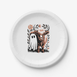 Rustic Highland Cow Ghost Halloween Paper Plate