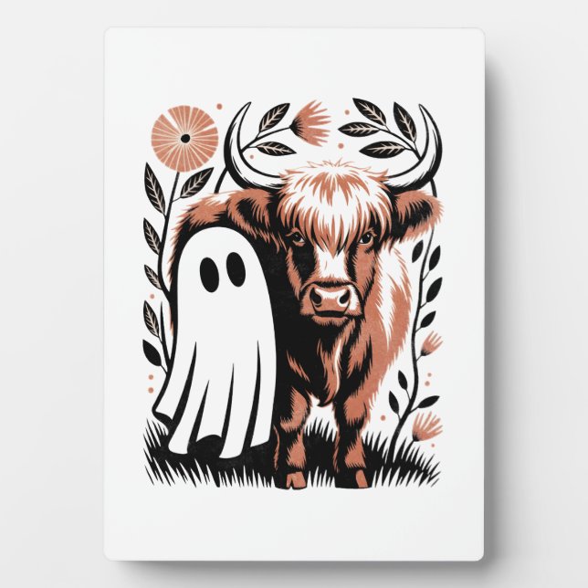 Rustic Highland Cow Ghost Halloween Plaque (Front)