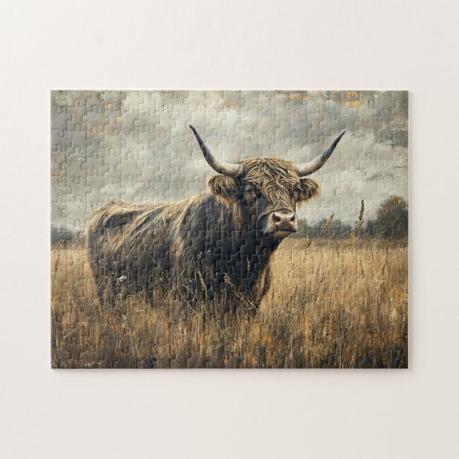 Rustic Highland Cow Landscape Art Jigsaw Puzzle (Horizontal)