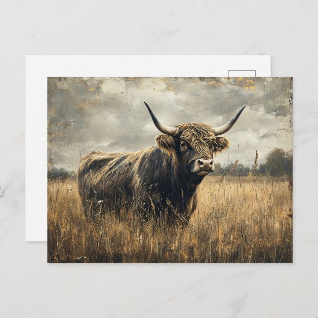 Rustic Highland Cow Landscape Art Postcard (Front/Back)