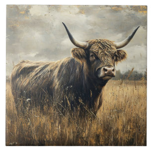 Rustic Highland Cow Landscape Art Tile