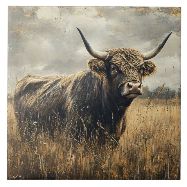 Rustic Highland Cow Landscape Art Tile (Front)