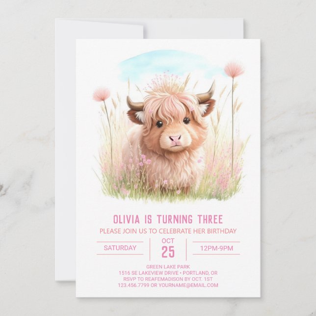 Rustic Highland Cow Pink Party Birthday Invitation (Front)